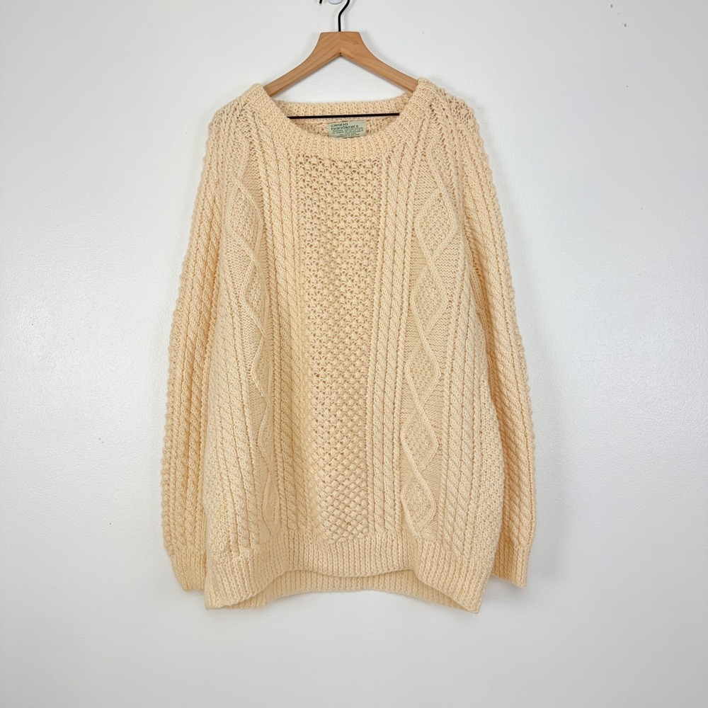 Crana Handknits Wool Aran Fisherman Sweater Unisex 2XL Handknit in Ireland Cream